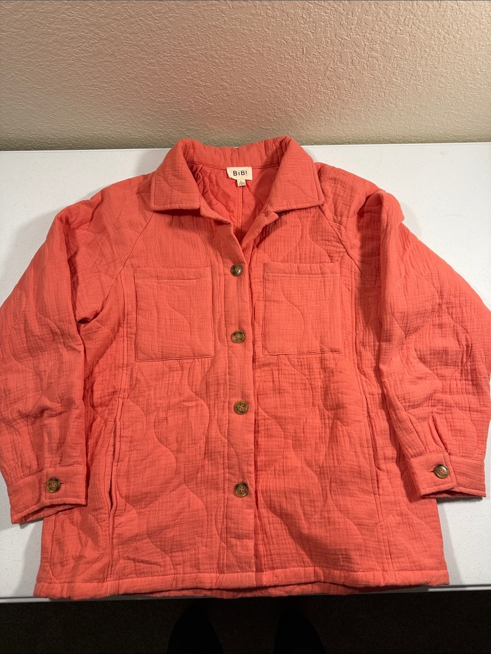 BiBi Coral-Orange Quilted Button-Up Utility Jacket